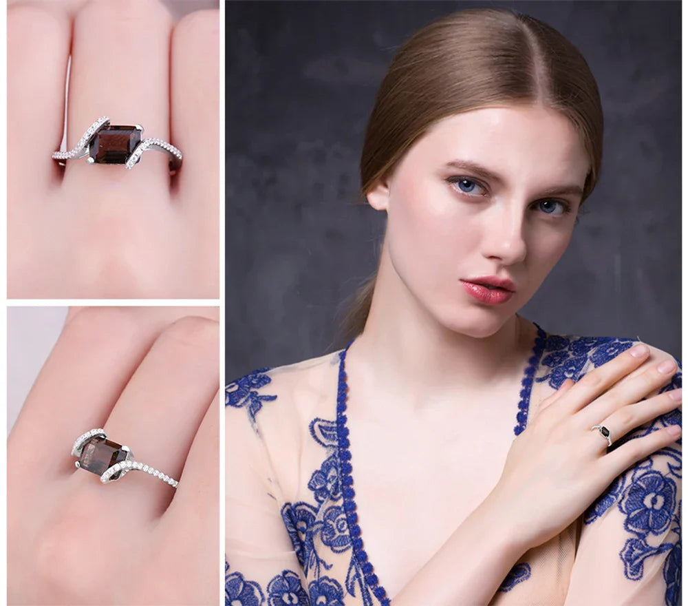 JewelryPalace 1.7ct Emerald Cut Genuine Smoky Quartz 925 Sterling Silver Ring for Woman Wedding Engagement Gemstone Jewelry