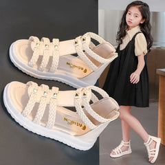 Kids Summer Sandals for Girls Versatile Korean Style PU Soft Non-slip Flat