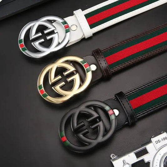 2026 New Unisex Red Green Stripe Belt 3.8cm - Durable Canvas Designer Waistband with Metal Logo, Trendy & Wear- Resistan