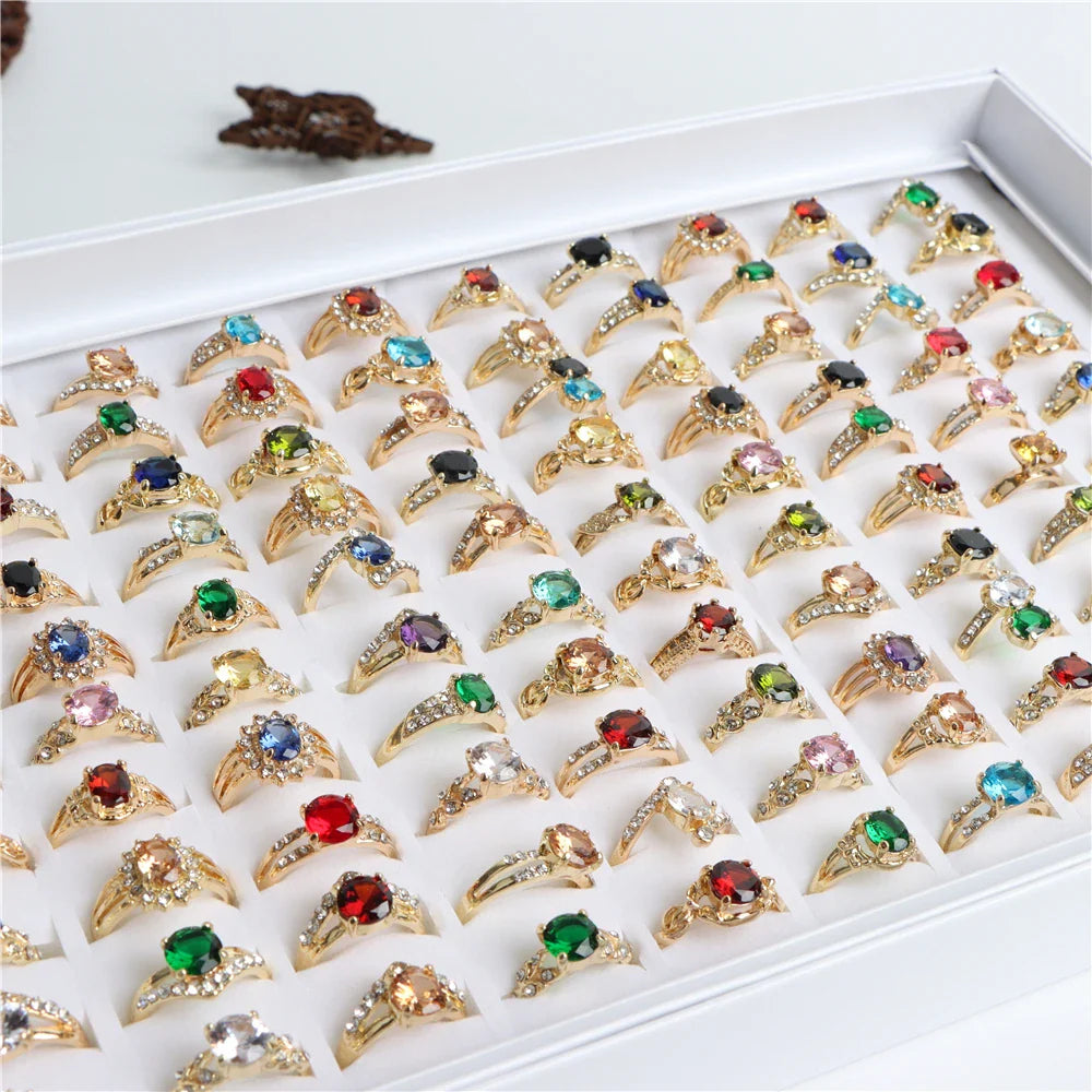 Wholesale 20/30/36/50/100Pcs/Lot Fashion Colorful Shiny Zircon Rings For Women Mix Style Color Wedding Jewelry