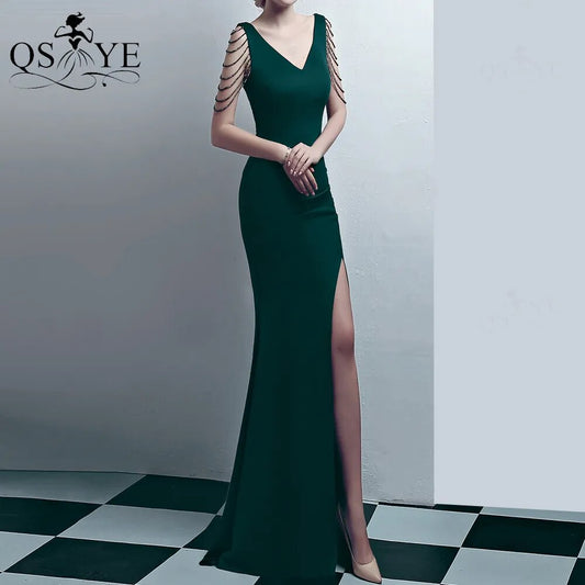 Evening wear Dresses: Straps Emerald Evening Dress V Neck Dress