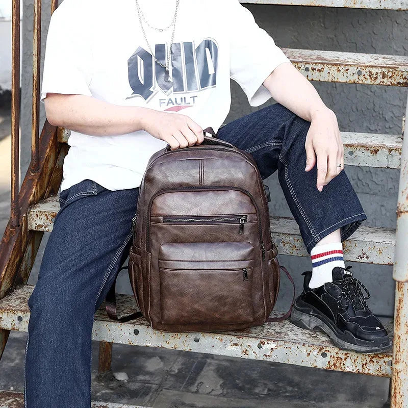 High QualityUSBCharging Backpack MenPULeather Large Capacity Computer Backpack School Backpack for Teenage Boys