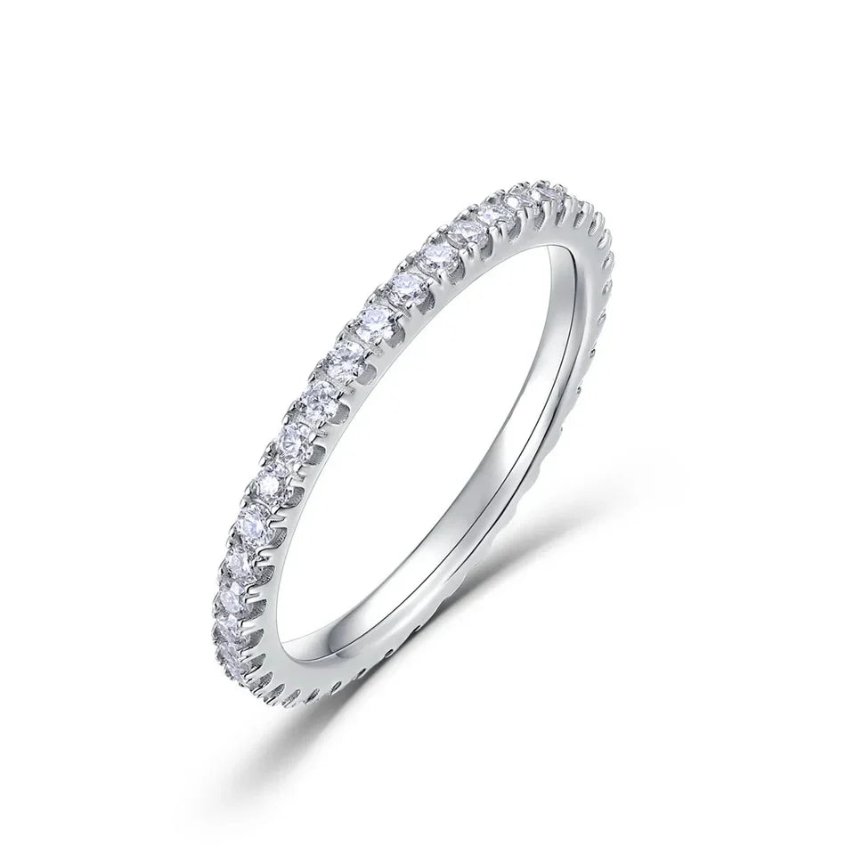 ALLNOEL 2mm Full Moissanite Ring for Women D Color VVS1 Female Single Tail Ring 925 Silver Ring Wedding Eternity Band With GRA