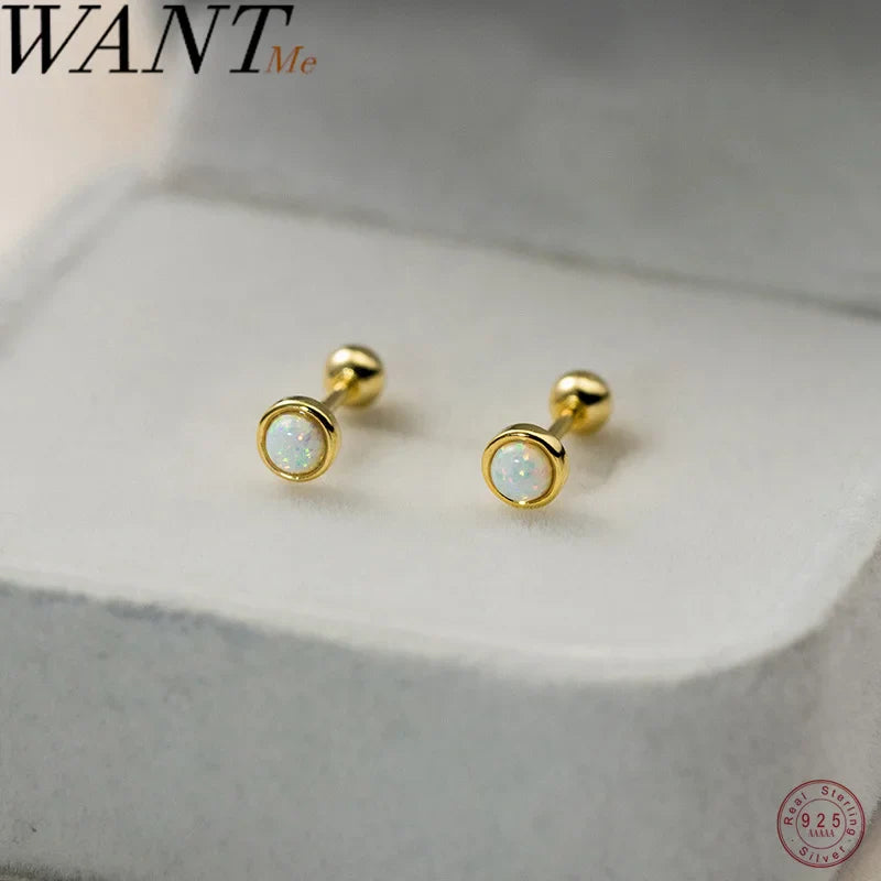 WANTME 925 Sterling Silver Simple Luxury Opal Screw Bead Stud Earrings for Women Fashion Ear Bone Piercing Jewelry Accessories