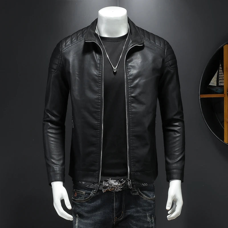 Men's Leather Clothing Fashion Slim Fit Zipper Leather Jacket Solid Casual Jacket