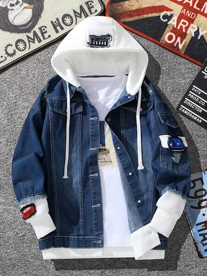 Men's Fall Hooded Denim Jacket Trend Slim Handsome Fall/Winter Baseball Jacket
