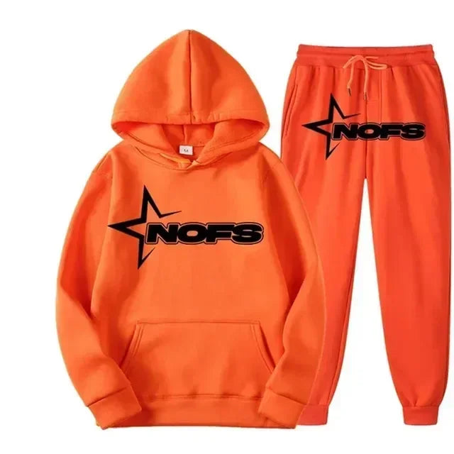 Streetwear NOFS Star Print Tracksuit Black Hoodie and Joggers Set for Men Women