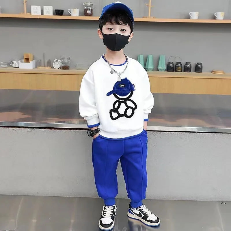 Teenage Boy Clothes Children Girl fake two pieces Sweater Pullover And pants Set kid Embroidery Cartoon Bear Top Bottom Suit