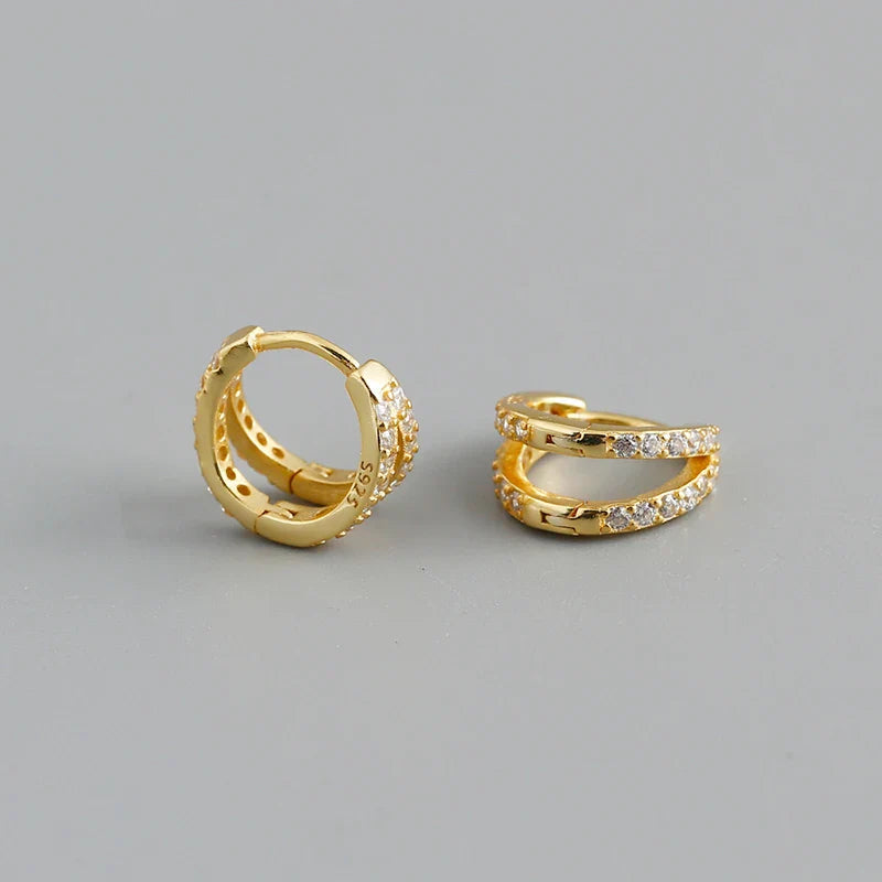 WANTME 925 Sterling Silver Fashion Luxury Shiny Double Layer Zircon Huggies Hoop Earrings for Women Plated 18k Gold Fine Jewelry