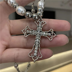 Pearl Cross Pendant Necklace Hip Hop Retro Men Women Religious Jewelry