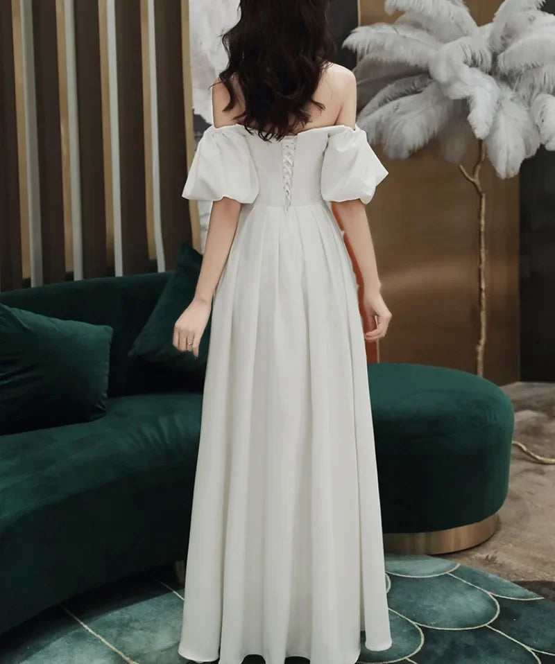 Homecoming Dresses:  White Formal Evening Dress Boat Neck Solid Wedding Party