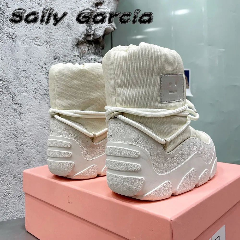 Bottom Short Plush Thick Bottom Snow Boots Winter Smile Face Lace Up Boots