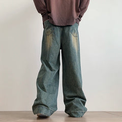 Distressed Vintage Blue Jeans Pants Men Wide-leg Denim Trousers Male Oversize