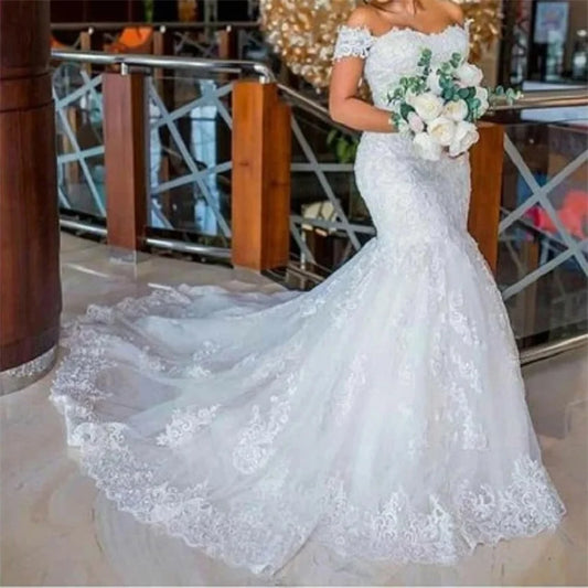 White Bridesmaid Dresses: Women's Mermaid vestidos de novia off shoulder Lace