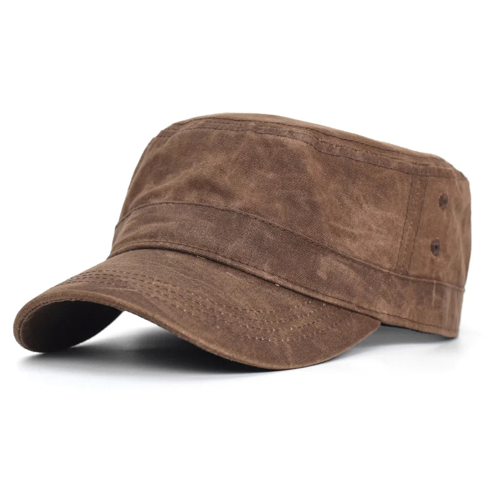 Waxed Canvas Cotton Military Caps Men Waterproof Cadet Army Cap Unique Design Vintage Flat Top Hat