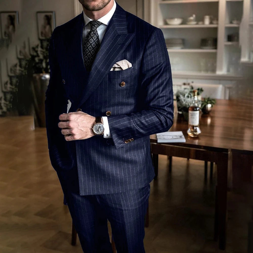 Tuxedo for Mens: Navy Blue Striped Men Suits Fashion Peak Lapel Double Breasted