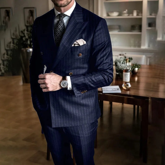 Tuxedo for Mens: Navy Blue Striped Men Suits Fashion Peak Lapel Double Breasted