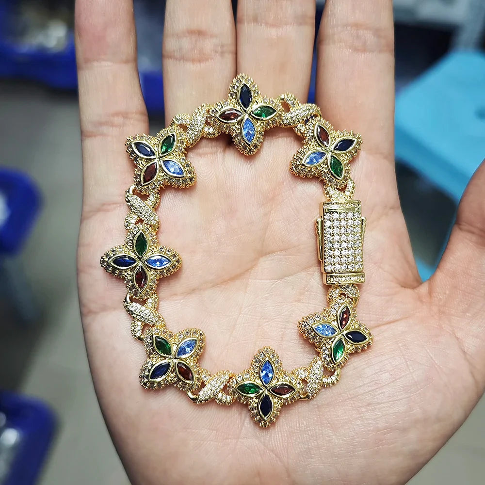 UWIN Iced Baby Blue Baguettecz Floral Infinity Bracelets for Women Men Cubic Zirconia Cuban Link Chain Anklets Fashion Jewelry