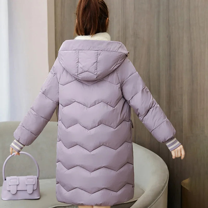 Women Winter Coat Mid-length Cotton Padded Parkas Hooded Warm Thicken