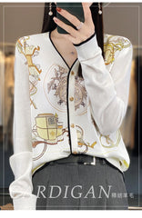 Spring And Autumn Wool Coat Jacket Women's Long Sleeve Wide V-Neck Printed