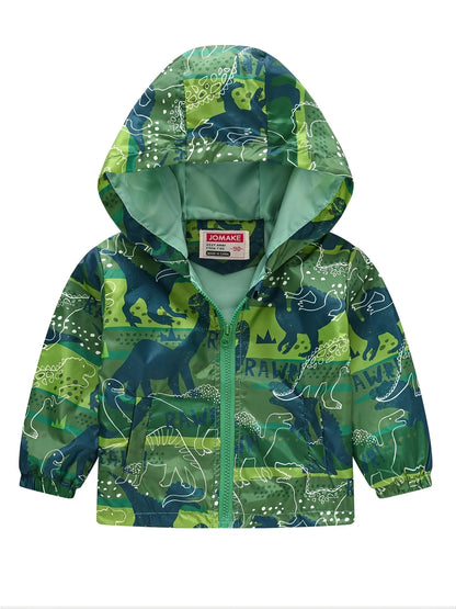 Boys Cartoon Dinosaur Print Zipper Hooded Jacket, Cardigan Collar Zipper Jacket,Kids Clothes Windbeark