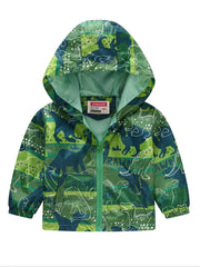 Boys Cartoon Dinosaur Print Zipper Hooded Jacket, Cardigan Collar Zipper Jacket,Kids Clothes Windbeark