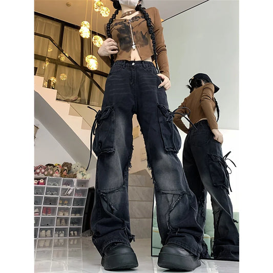 Women's Black Gothic Baggy Sense of Design Cargo Jeans Harajuku Y2k Aesthetic Jeans
