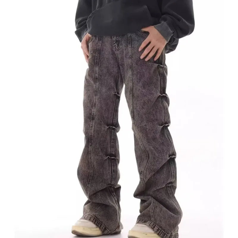Vintage Pleated Design Jeans Men Women Grey Distressed Wide Leg Pants