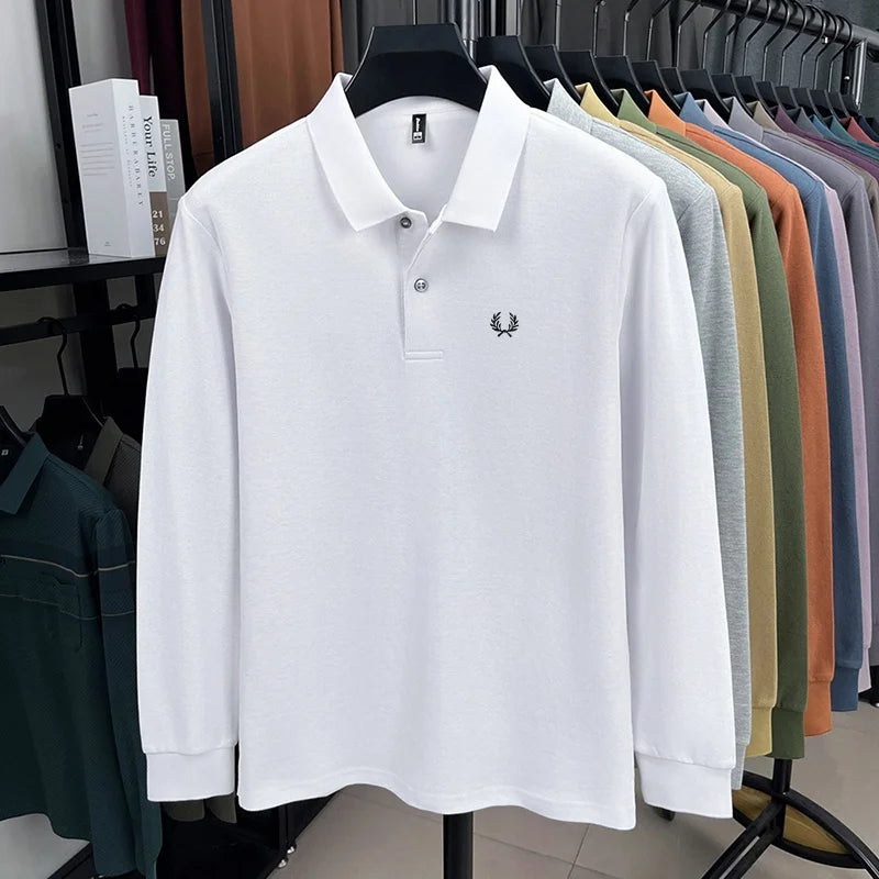 100% pure cotton high-end brand men's long sleeved polo shirt autumn fashion hot selling wheat embroidery golf business T-shirt