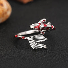 Huitan Creative Red Koi Design Opening Rings for Women Handmade Fish Rings Daily