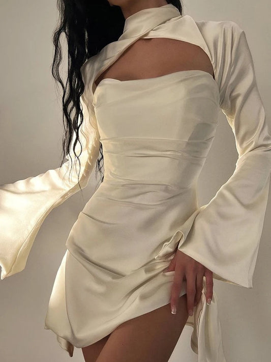 Long Sleeve Satin Dress White Evening Wedding Guest Night Dress Party Dress