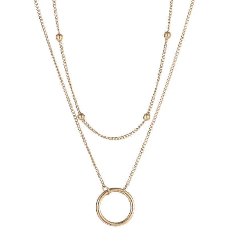 Stainless Steel Double Layer Bead Annulation Pendant Necklace For Women Stacked
