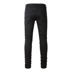 Men Leather Patch Biker Jeans for Motorcycle Streetwear Holes Ripped Patchwork