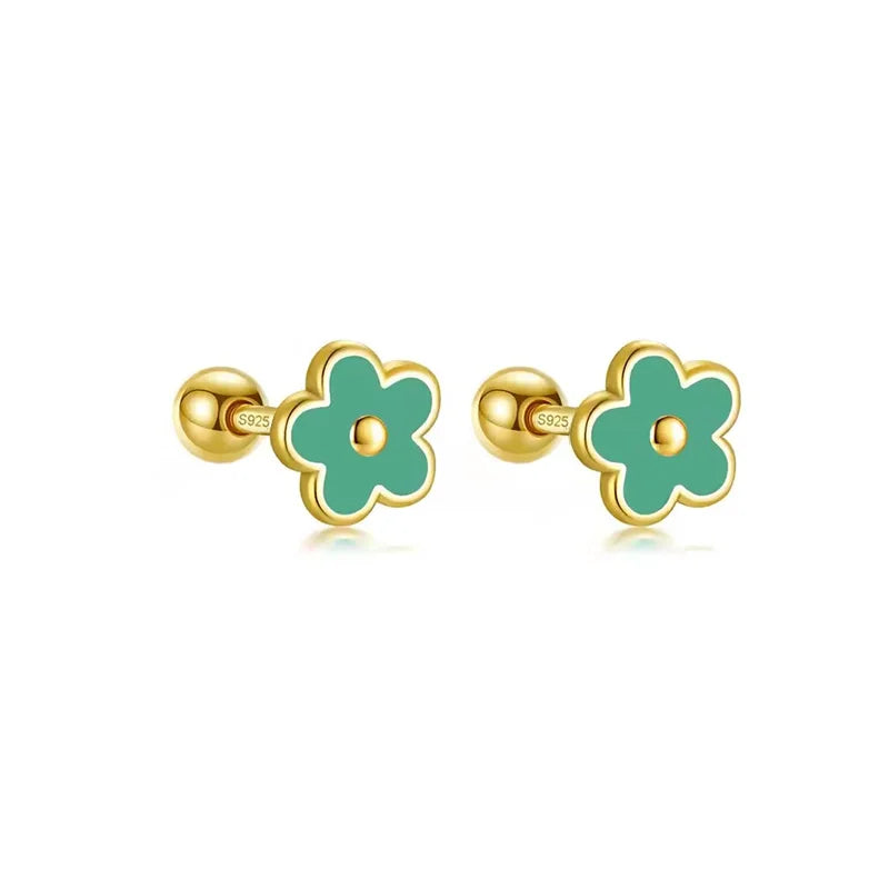 WANTME 925 Sterling Silver Romantic White Enamel Flower Screw Bead Stud Earrings for Women Fashion Simple Piercing Jewelry Gift