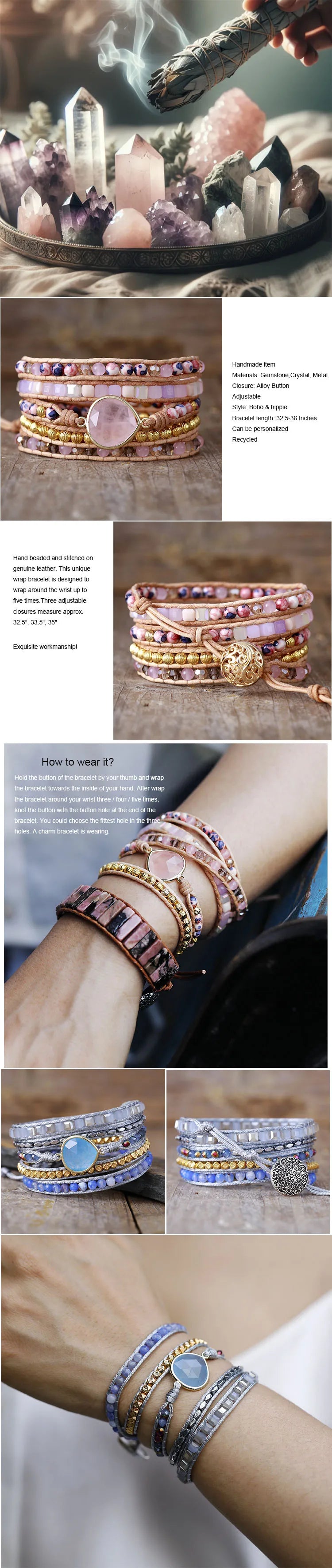 Boho Multistrand Stone Leather Wrap Bracelet Five Wrap Stackable Handmade Bracelets Vintage Statement Jewelry Bijoux