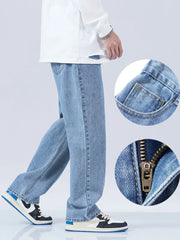 Blue Jeans Men Korean Vintage Banding Waist Denim Cotton Casual Wide-Leg Long Pants