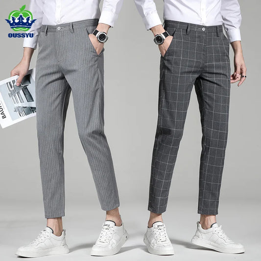 Fashion Business Stripe Plaid Ankle Length Pants Men Casual Solid Color