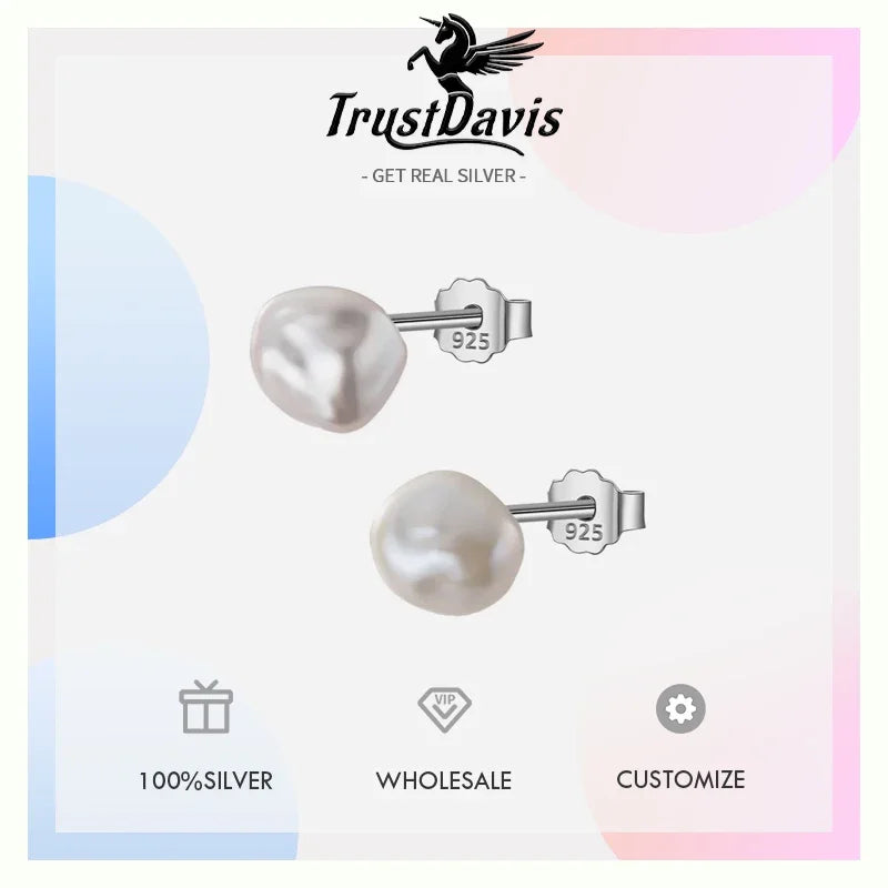 Trustdavis Authentic 925 Sterling Silver Sweet Irregular Pearl Stud Earrings For Women Wedding Party FIne Jewelry DA1224