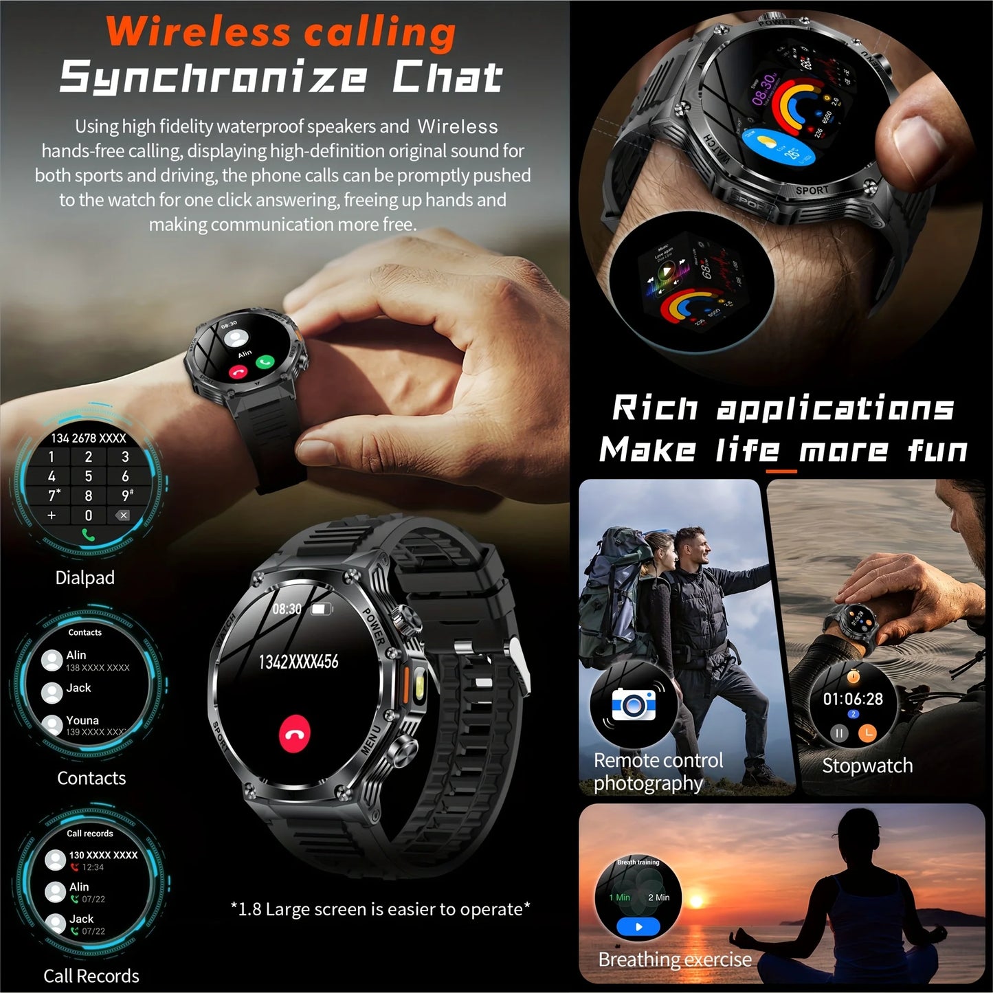 Rugged Outdoor Sports AK82 Smartwatch 1.85" HD Touchscreen 800mAh Long Battery Life Fitness Tracker Calorie Distance Smart Watch