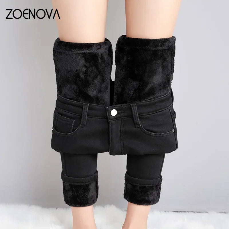 Women Thick Velvet Jeans Fleece  Warm Korean Fashion High Waist Skinny Elastic Pants