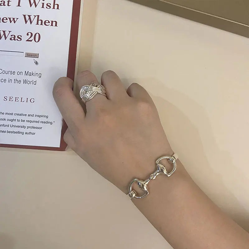 South Korea Dongdaemun Horseshoe Horsebit Buckle Bamboo Simple Buckle Women Bracelet 925 Sterling Silver Thick Heavy Industry