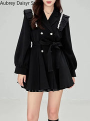 Black Mini Blazer Dress Women Elegant Chic Sashes Button Design Dress