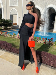 Black Long Dress Women Diagonal Collar One-Shoulder High Slit Ruched