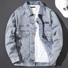 Men's Denim Jacket Wide Shoulders Male Jean Coats with Embroidery Blue Letter  Casual