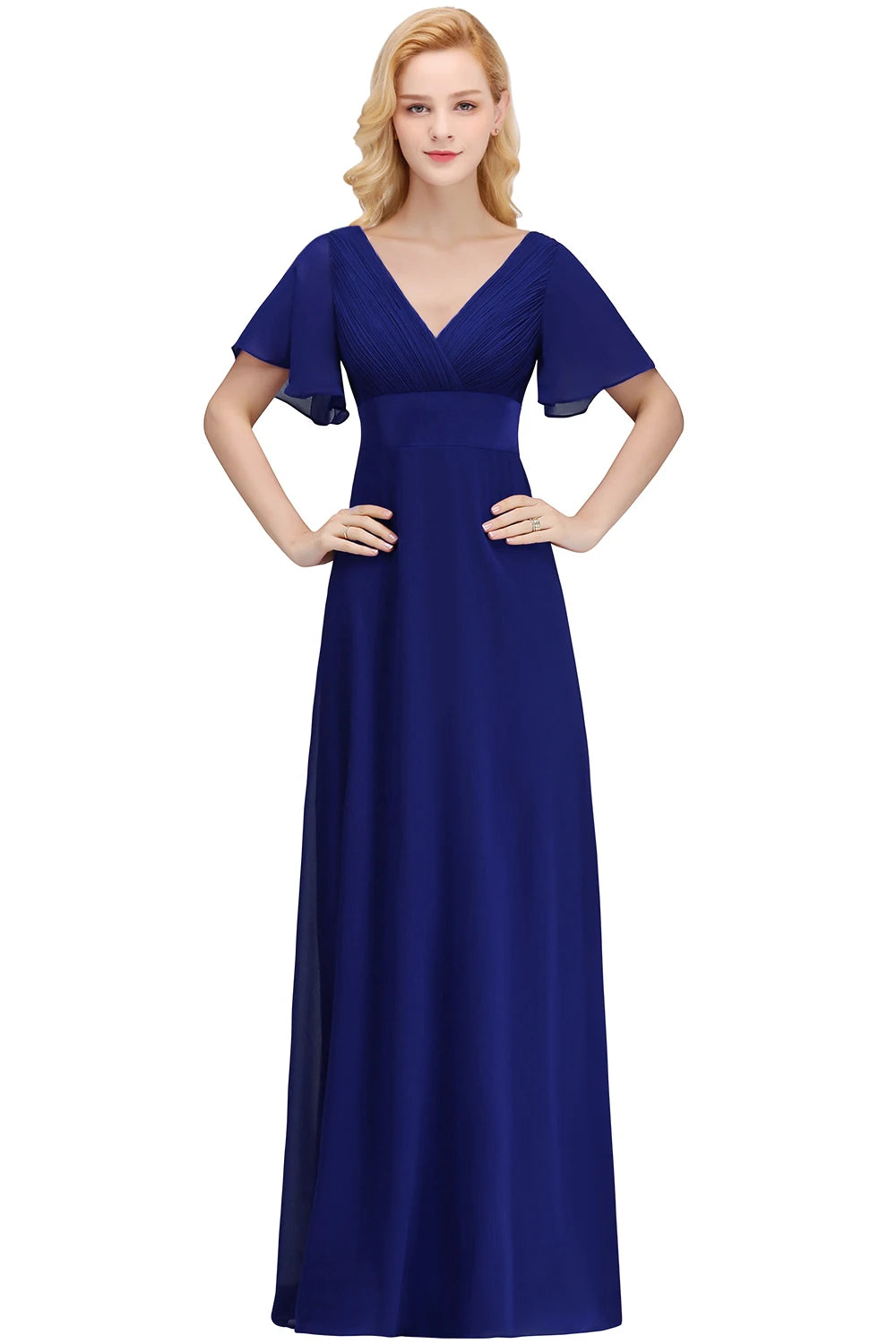 Chiffon Dresses For Prom Dress In Pristine Floor-length Short Sleeves White V-neckline And Sweeping A-line Skirt Zip-up Back