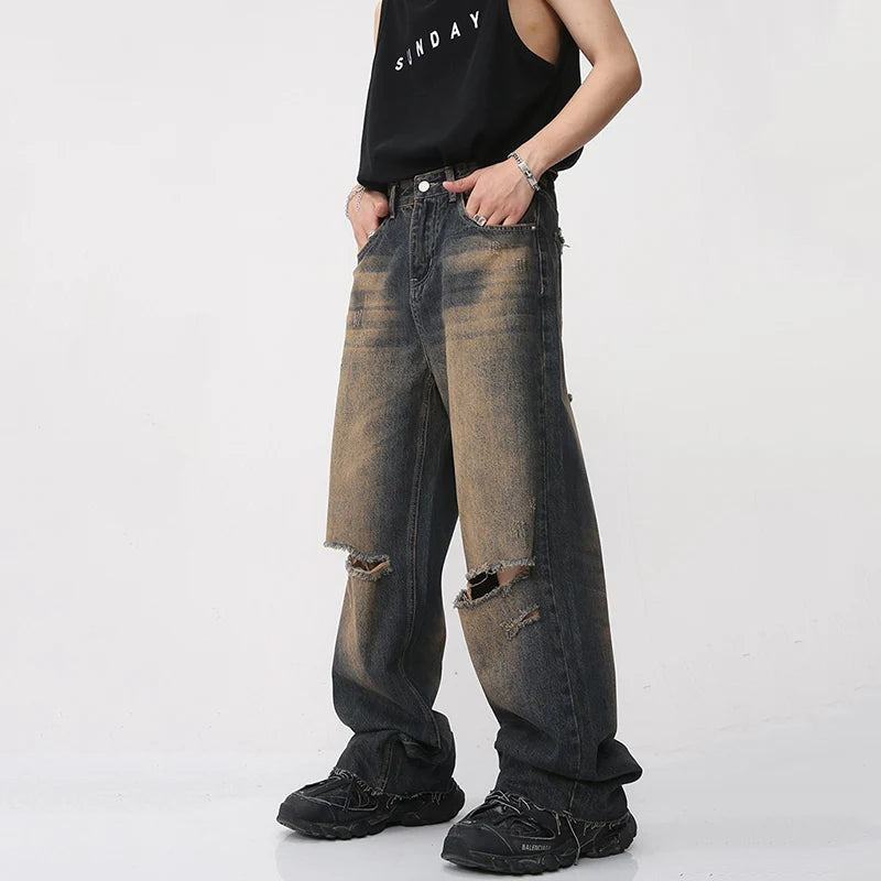 Jeans Summer High Street Men's Wide Leg Denim Pants Gradient Straight Trousers