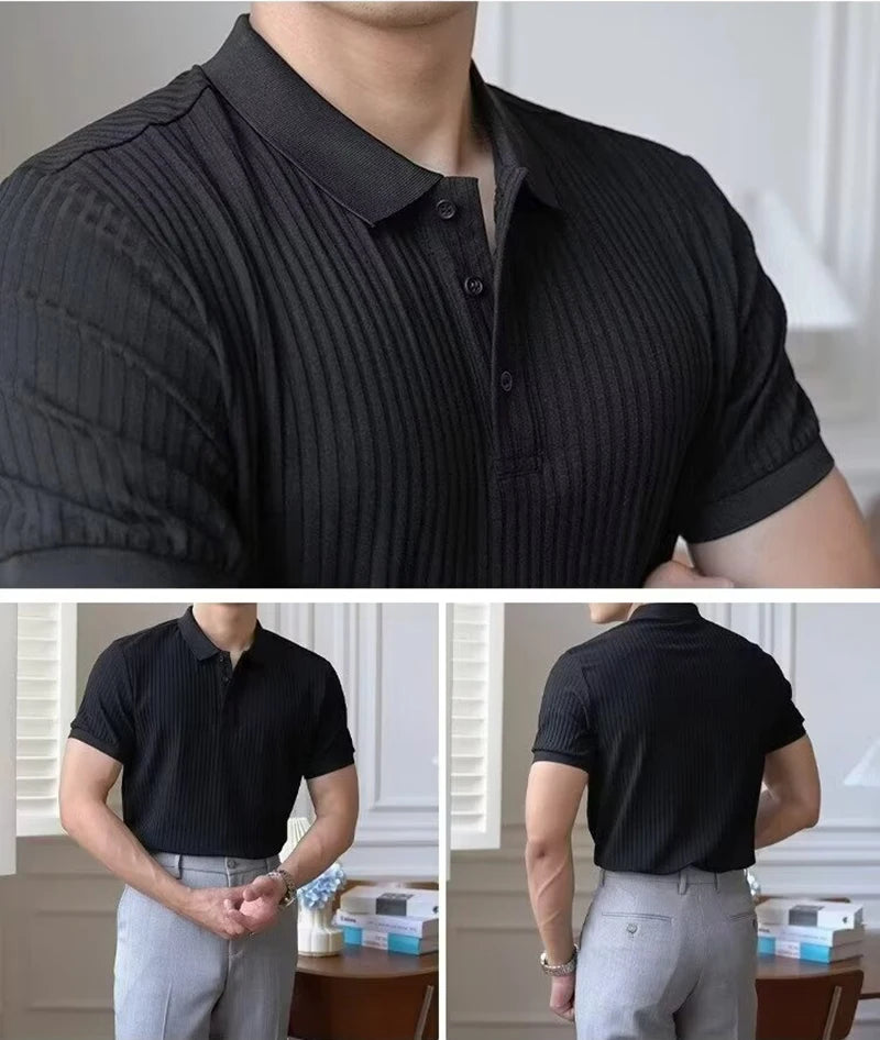 Vertical Stripe Knit Polo Men's Shirts Summer New Slim Solid Color Breathable Turn-Down Collar Business Short Sleeve Polo Tops