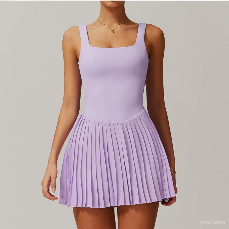 VITALINOVO Workout Tennis Dress with Built in Shorts Square Neck Padded Workout Dress with Pockets Golf Athletic Mini Dresses