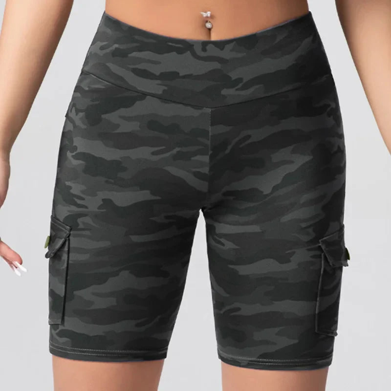 Camouflage Printed Women Shorts with Pockets Butt Lifting Tummy Tight Elastic Slim Outdoor Running Workout Shorts Streetwear