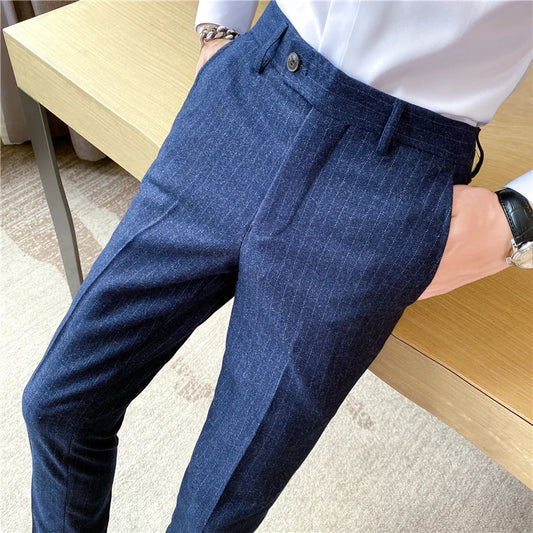 Men's Fashion Business Casual stripe Suit Trousers Male Solid Color Straight Pants